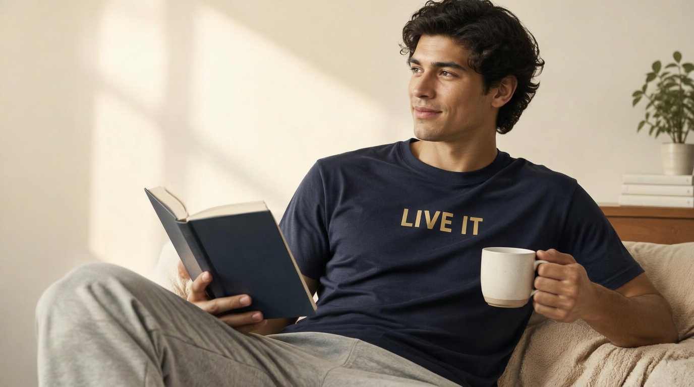 Reader in a Live It tee with a KP book